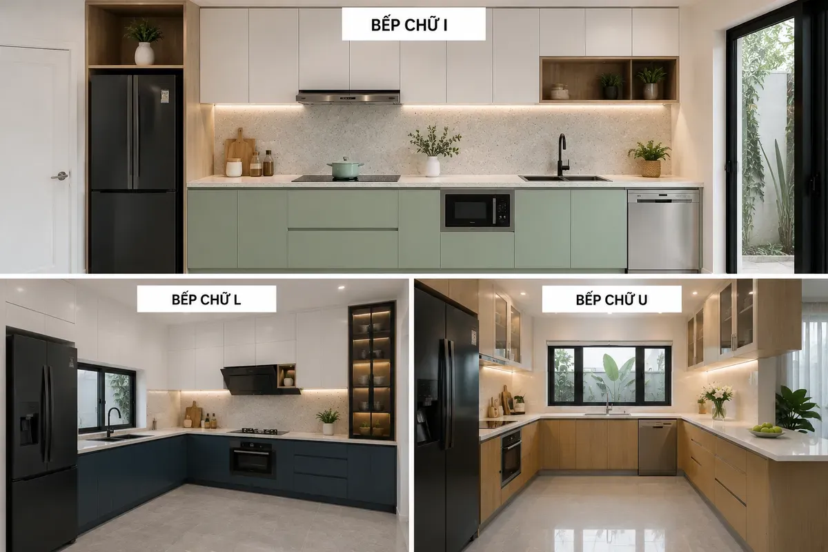 Mỗi kiểu bố trí phòng bếp sẽ có phương án thiết kế tủ bếp trên phù hợp.
