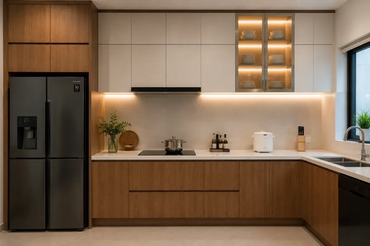 Kích thước tủ bếp trên được bố trí phù hợp với không gian và chiều cao sử dụng.
