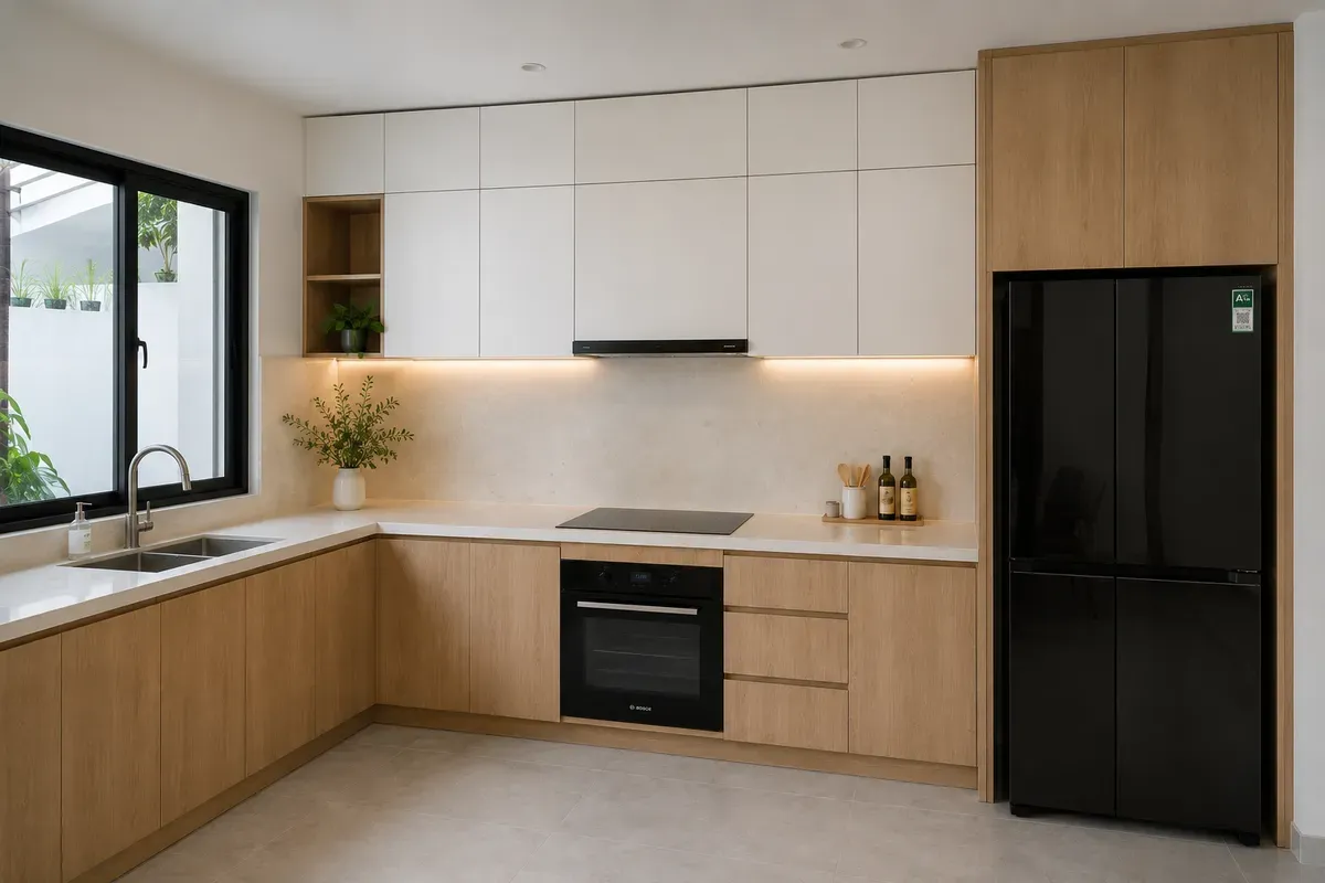 Hệ tủ bếp trên được thiết kế theo kích thước tiêu chuẩn, cân đối với tủ bếp dưới.
