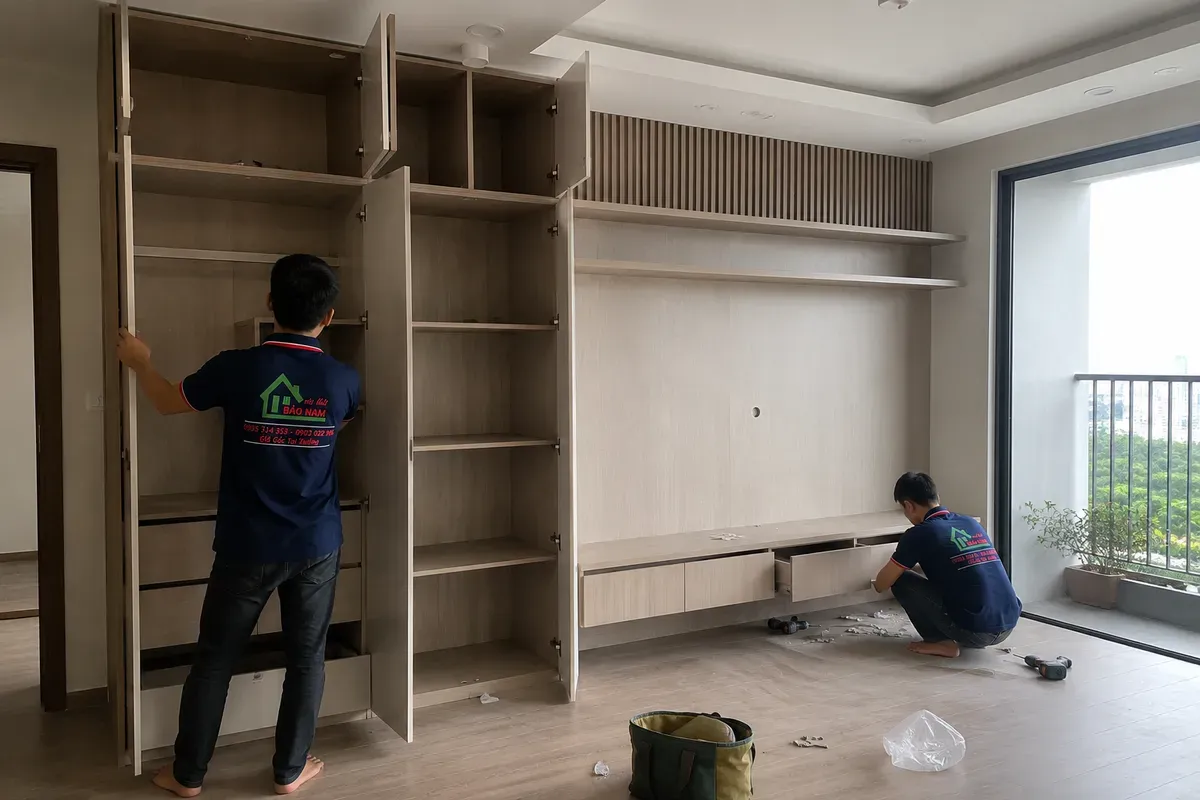 Quá trình lắp đặt nội thất căn hộ 3PN tại công trình thực tế.