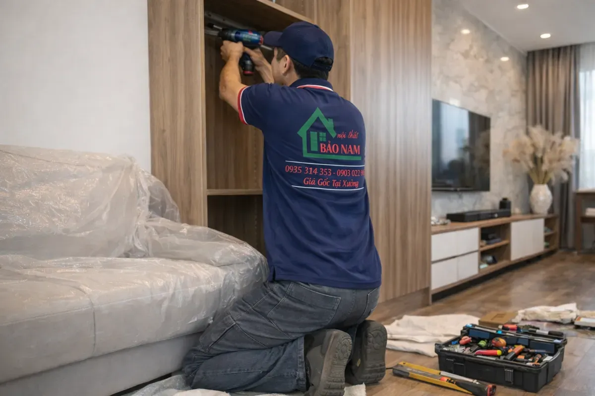 Thi công lắp đặt nội thất thực tế tại công trình của xưởng Bảo Nam