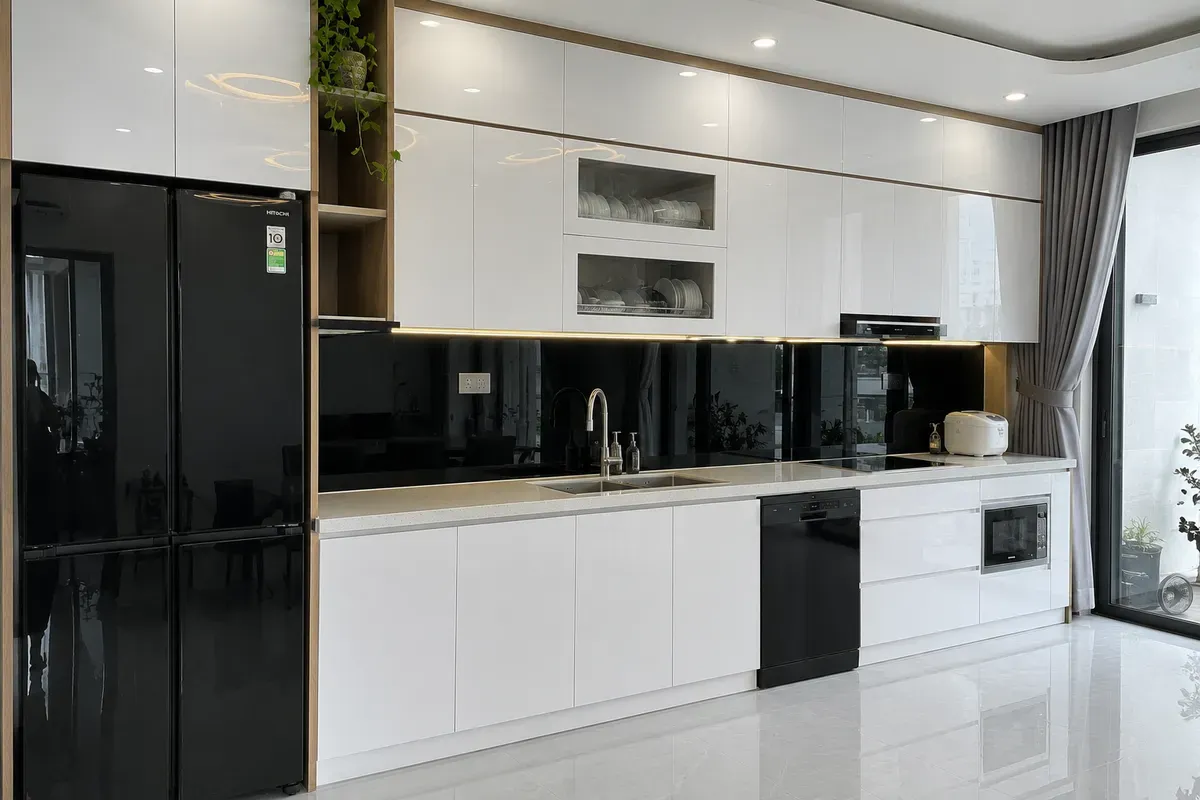 Công trình tủ bếp Acrylic hoàn thiện thực tế với thiết kế hiện đại và bề mặt bóng gương sang trọng.