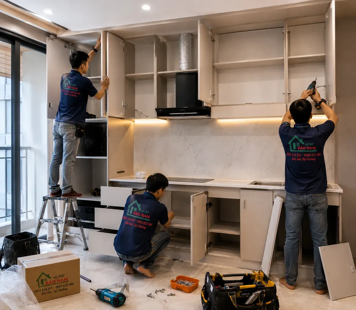 Đội ngũ thi công lắp đặt tủ bếp MDF An Cường theo đúng kỹ thuật.