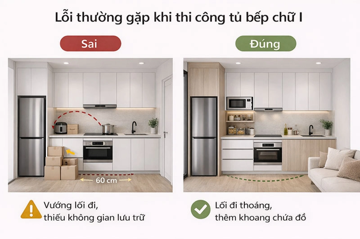 Lỗi thường gặp khi thi công tủ bếp gỗ chữ I