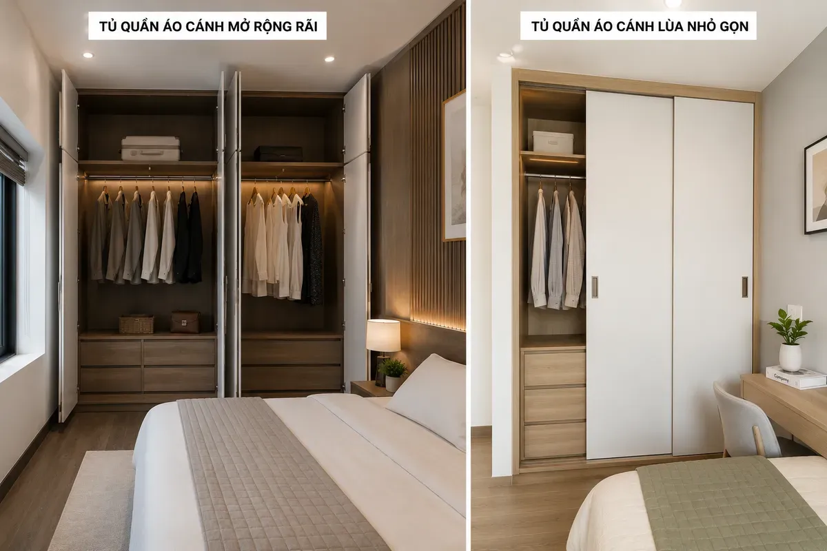 Lựa chọn kiểu tủ quần áo phù hợp với diện tích và nhu cầu sử dụng.