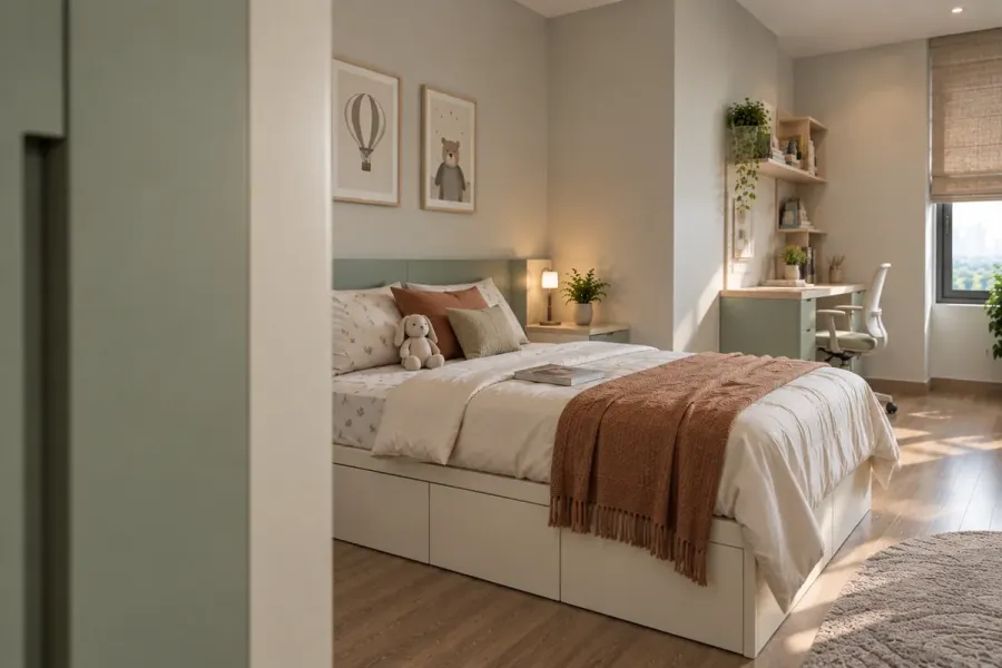 Màu sage được dùng vừa đủ trên những mảng tủ lớn, phần còn lại giữ sáng để khu nghỉ ngơi không bị nặng.