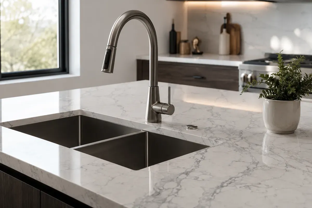 Mặt đá bếp chất lượng giúp tăng độ bền và hoàn thiện vẻ đẹp của hệ tủ bếp.
