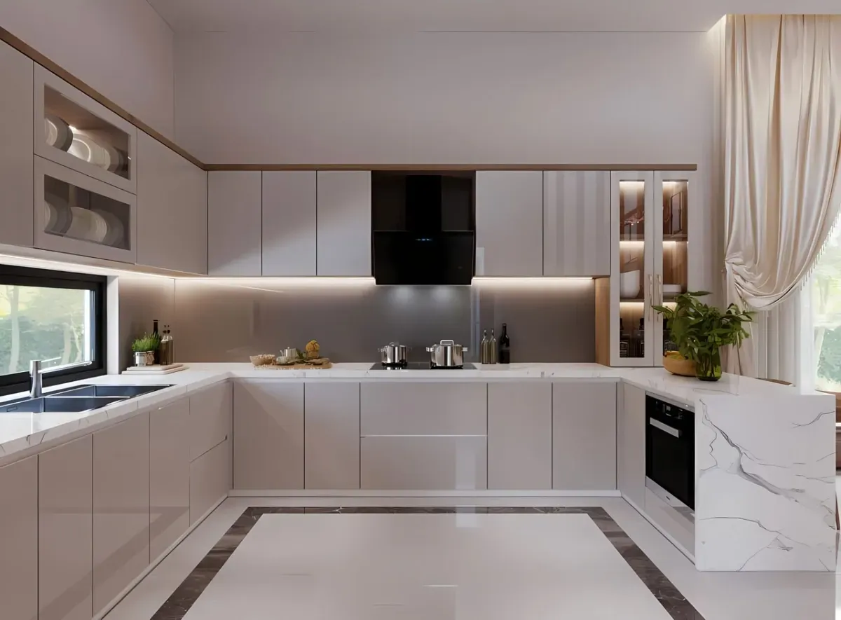 Mẫu bếp hiện đại với thiết kế tối giản, tối ưu công năng và thẩm mỹ.