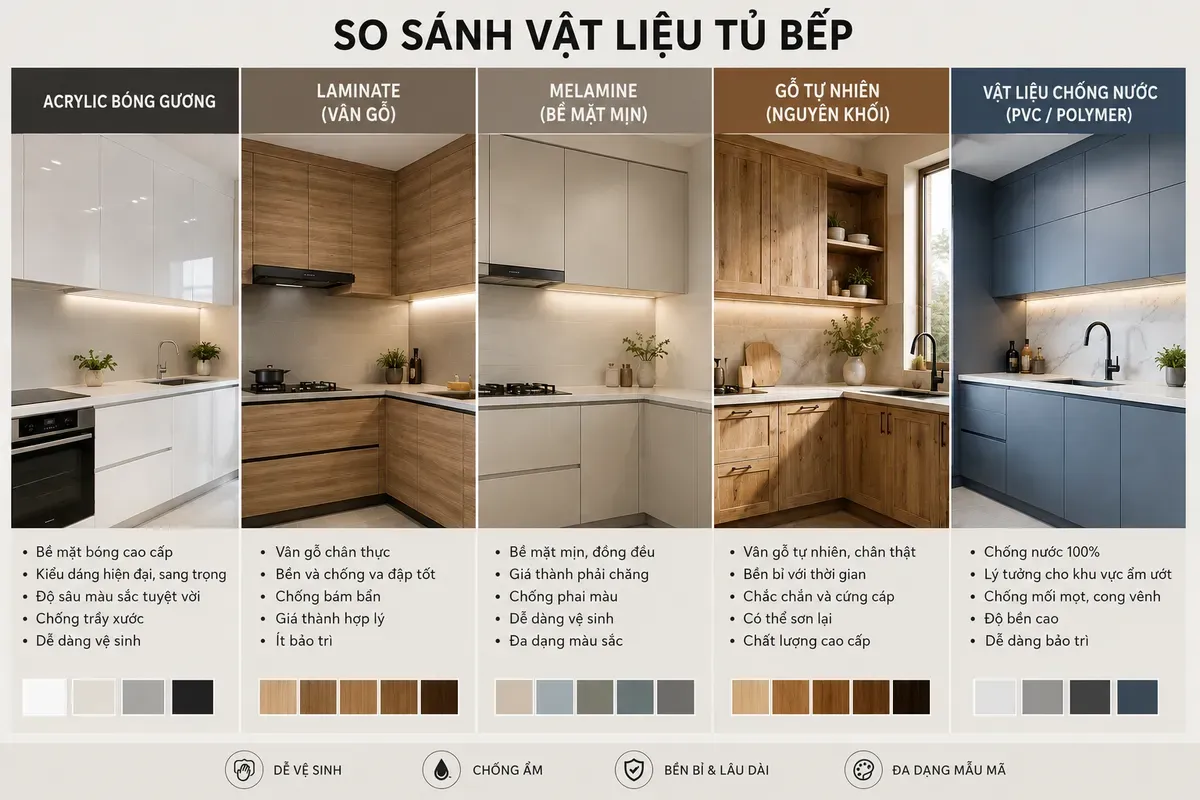 So sánh các chất liệu phổ biến trong thiết kế tủ bếp hiện đại.