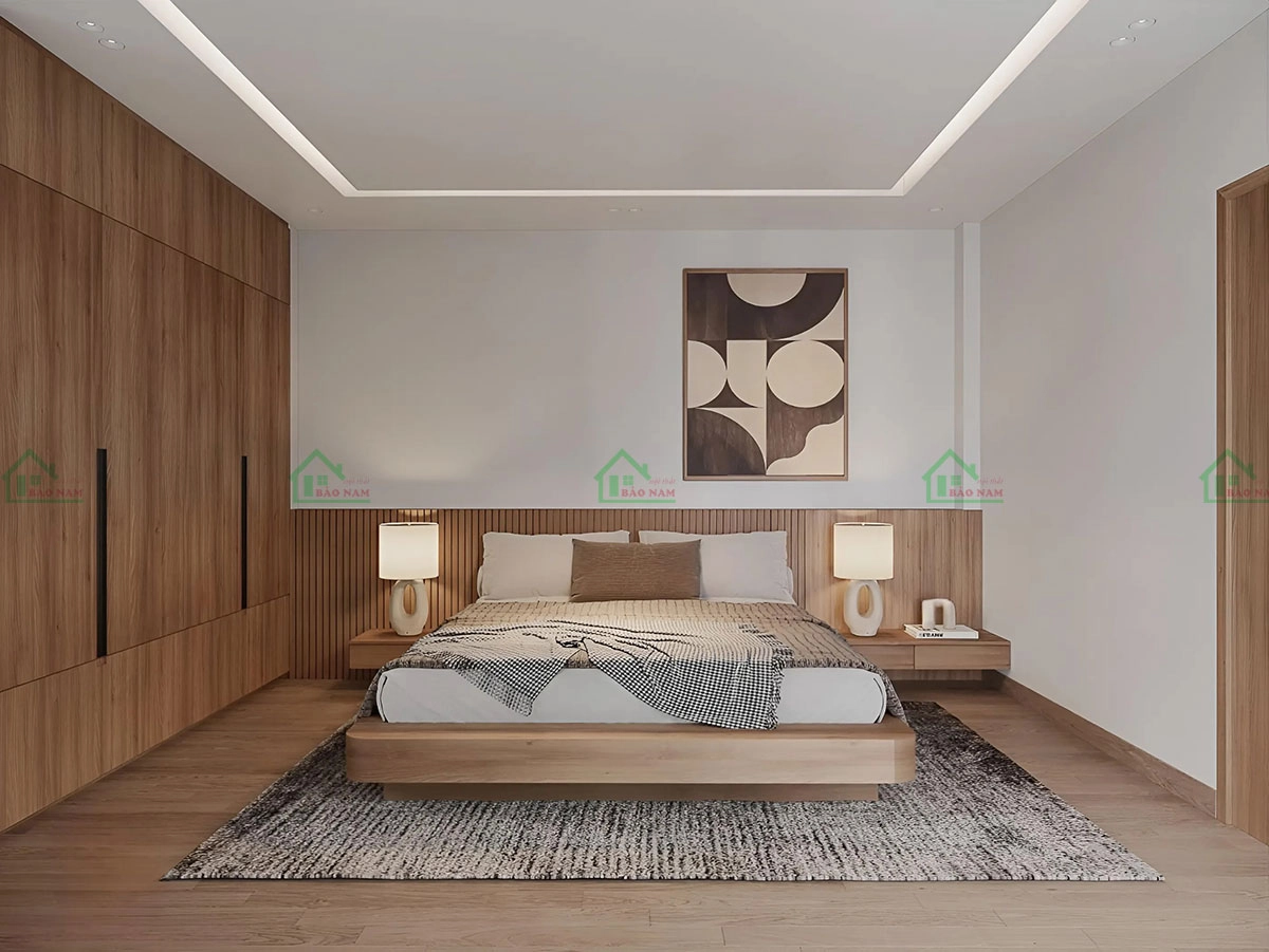 Mẫu giường gỗ công nghiệp đẹp trong không gian phòng ngủ hiện đại