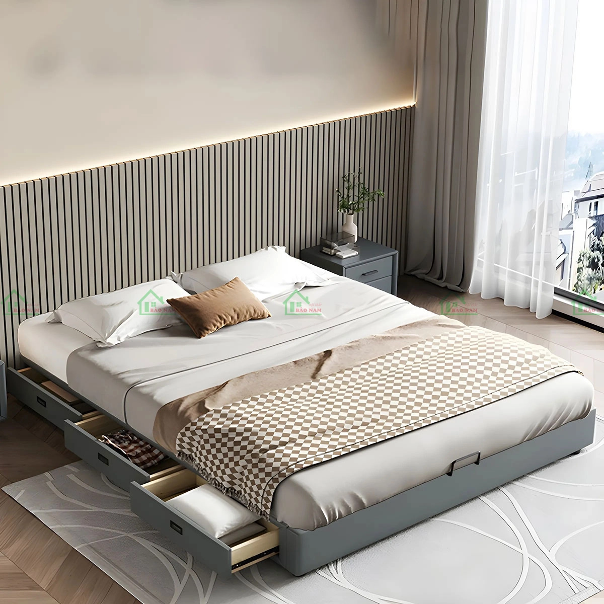 Giường gỗ công nghiệp có ngăn kéo tiện lợi, giúp tiết kiệm không gian lưu trữ