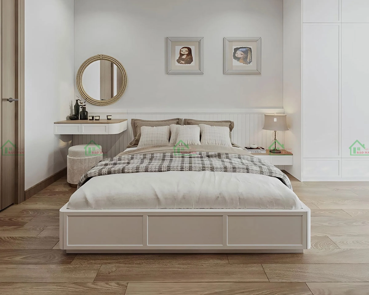 Giường gỗ công nghiệp phong cách cổ điển, với các chi tiết chạm khắc tinh xảo và sang trọng