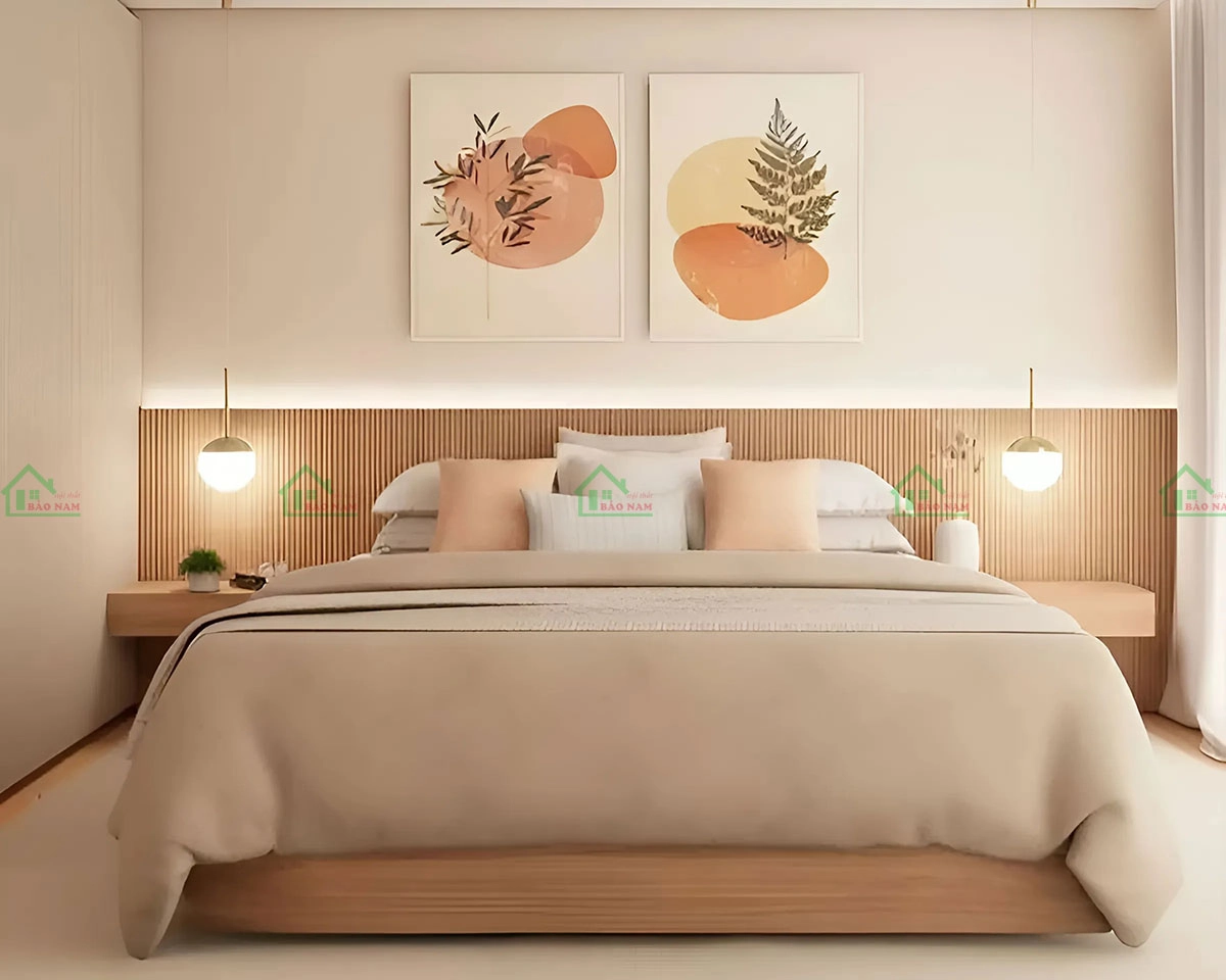 Giường gỗ công nghiệp tích hợp vách đầu giường độc đáo, thiết kế phá cách