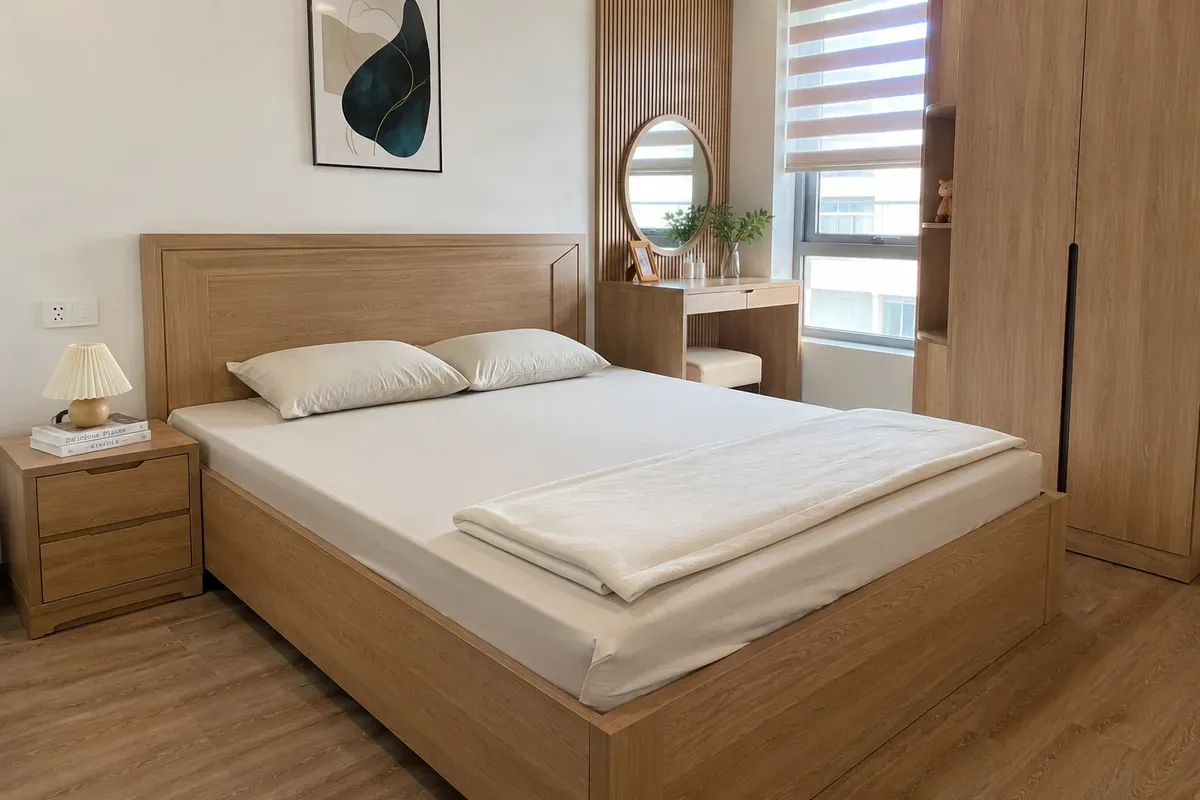Mẫu giường ngủ gỗ sồi hiện đại với thiết kế đơn giản, tinh tế.