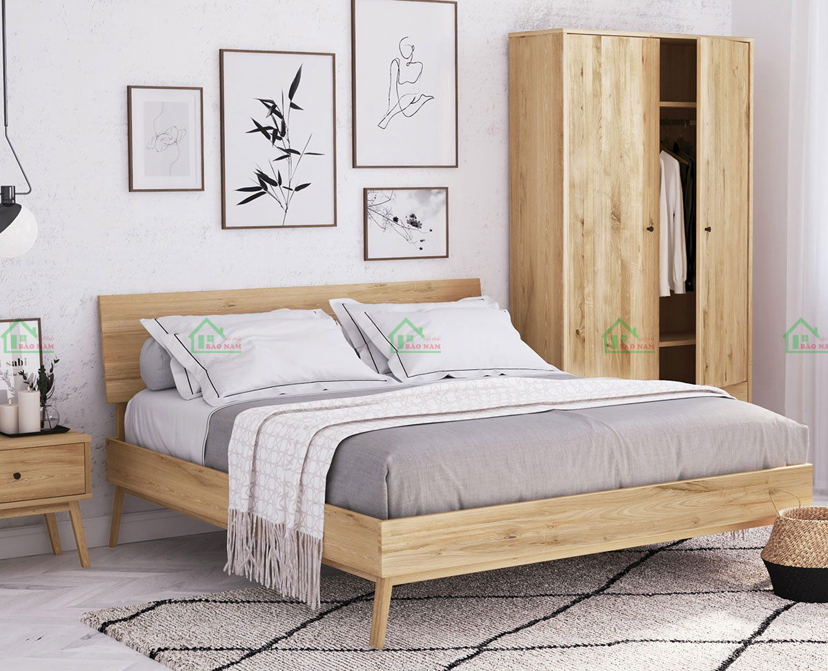 Mẫu Giường Ngủ Gỗ Sồi Tự Nhiên Có Chân Hiện Đại Đẹp GTN14 