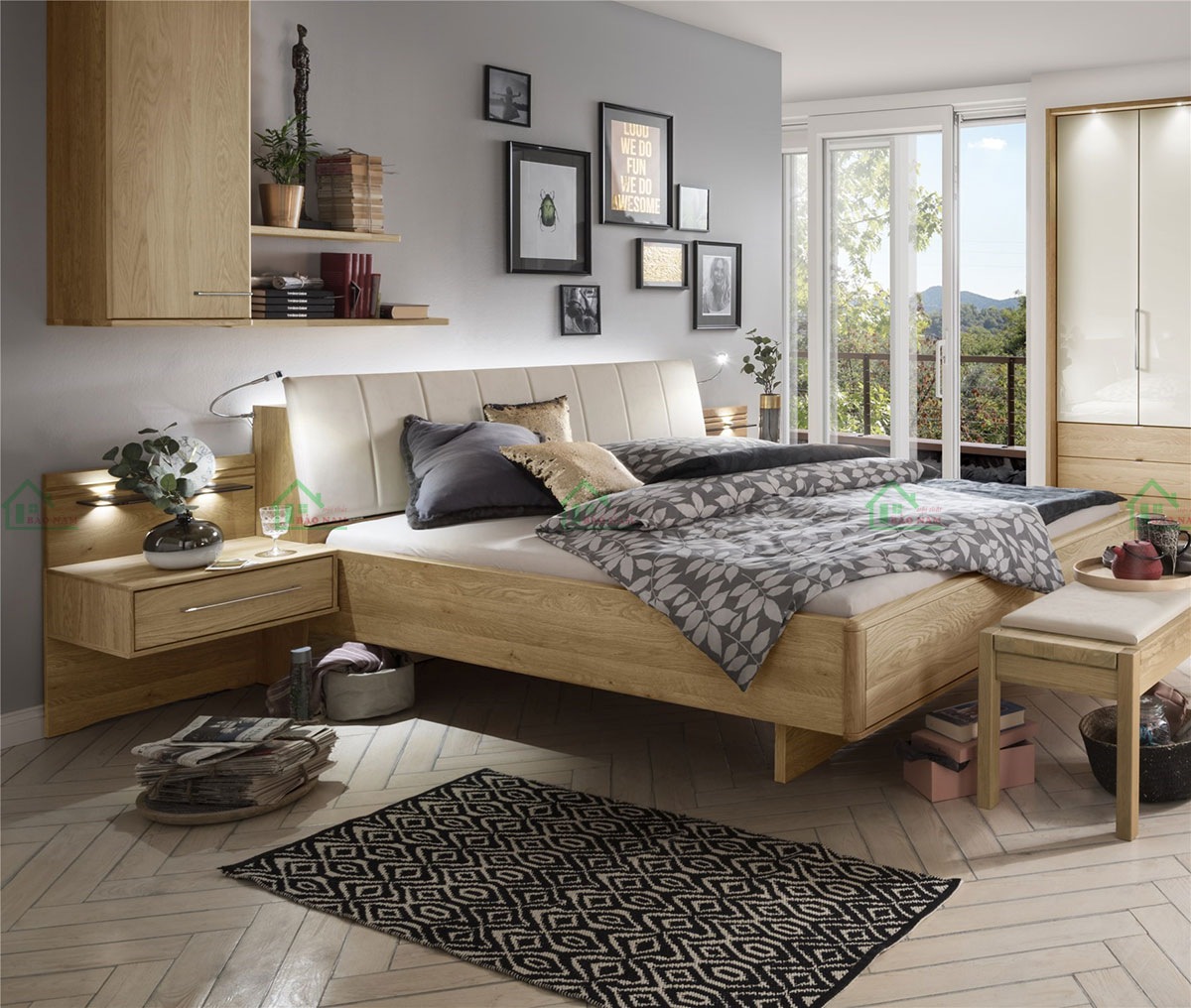 Mẫu Giường Ngủ Gỗ Tự Nhiên Sồi Đẹp Hiện Đại GTN11