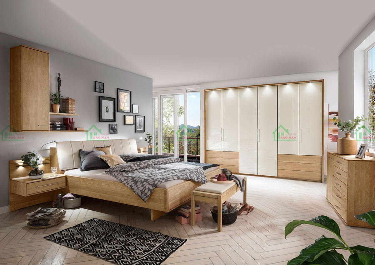 Mẫu Thiết Kế Giường Ngủ Gỗ Tự Nhiên Sồi Đẹp Hiện Đại GTN11