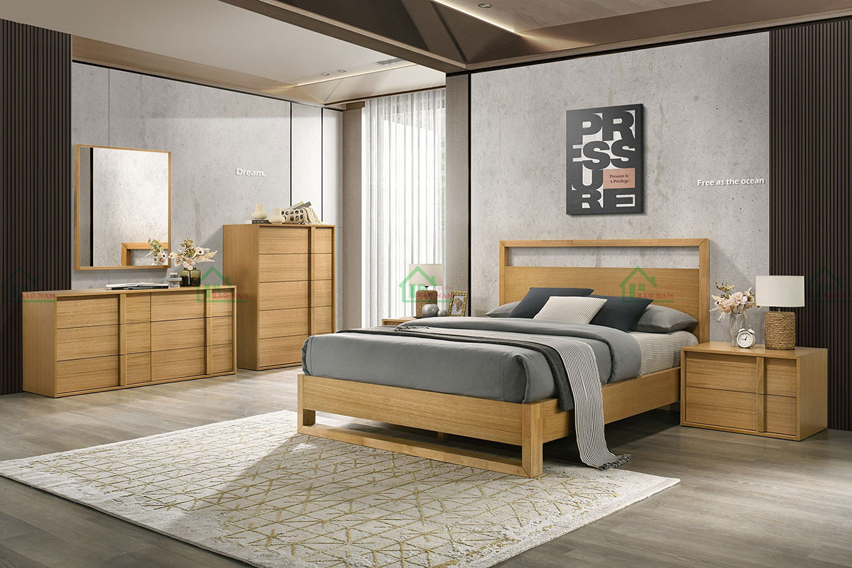 Mẫu Giường Ngủ Gỗ Tự Nhiên Sồi Đẹp Hiện Đại GTN15