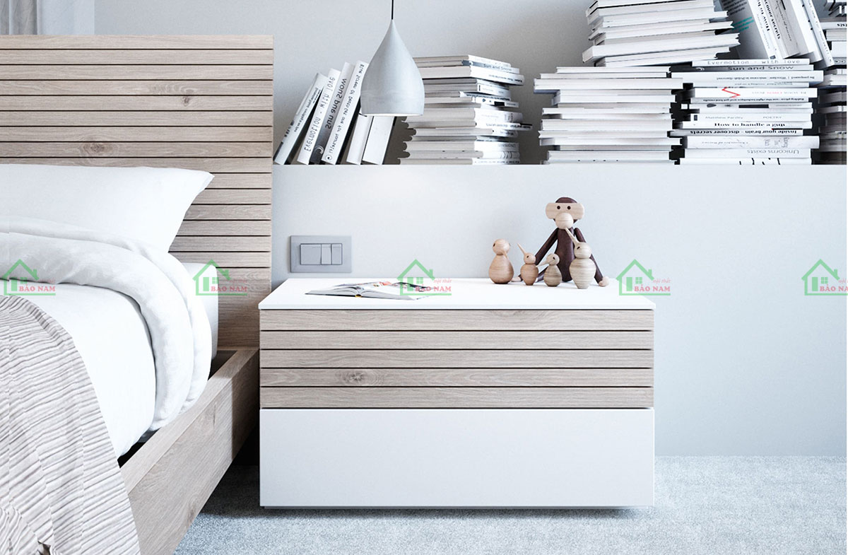 Tủ đầu giường 2 bên được thiết kế với tông màu trắng kết hợp viền chỉ âm đồng bộ vách đầu giường