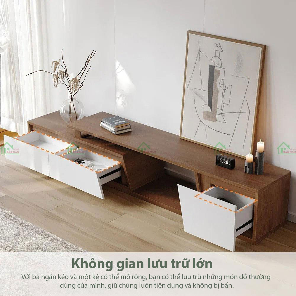 Thiết kế đơn giản, tinh tế với tông màu gỗ ấm áp và các đường nét tinh tế, mẫu kệ này phù hợp với nhiều phong cách nội thất hiện đại.