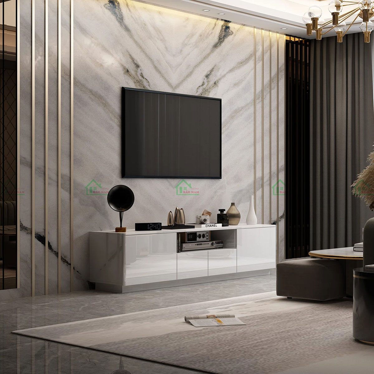 Thiết kế hiện đại, sang trọng với gam màu trắng acrylic bóng gương siêu sang.