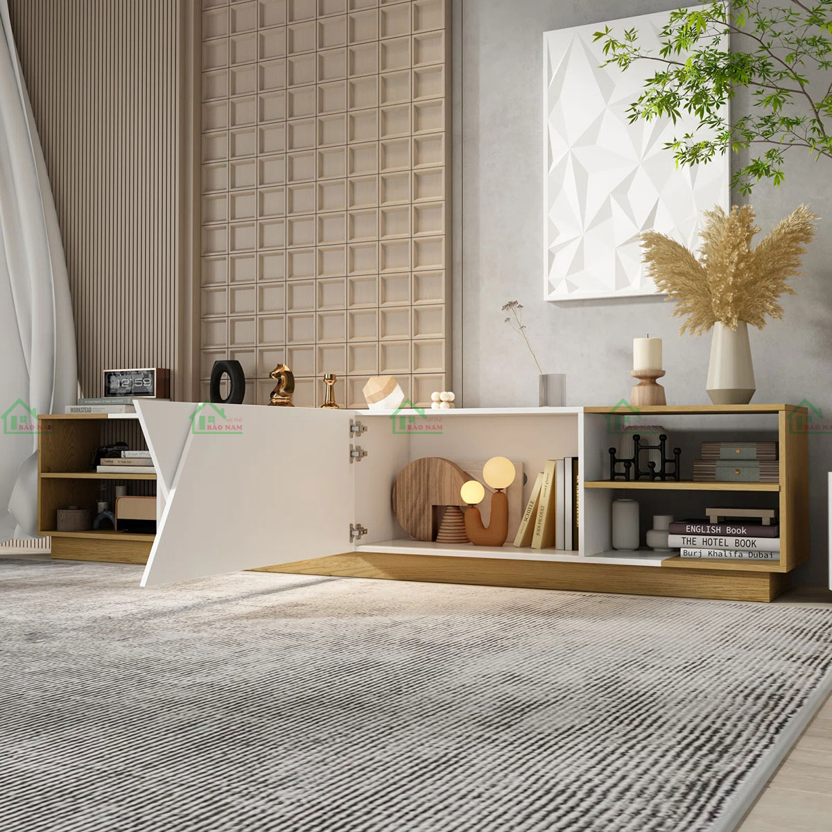 Sử dụng chất liệu gỗ MDF Melamine chất lượng, bền đẹp và dễ vệ sinh.