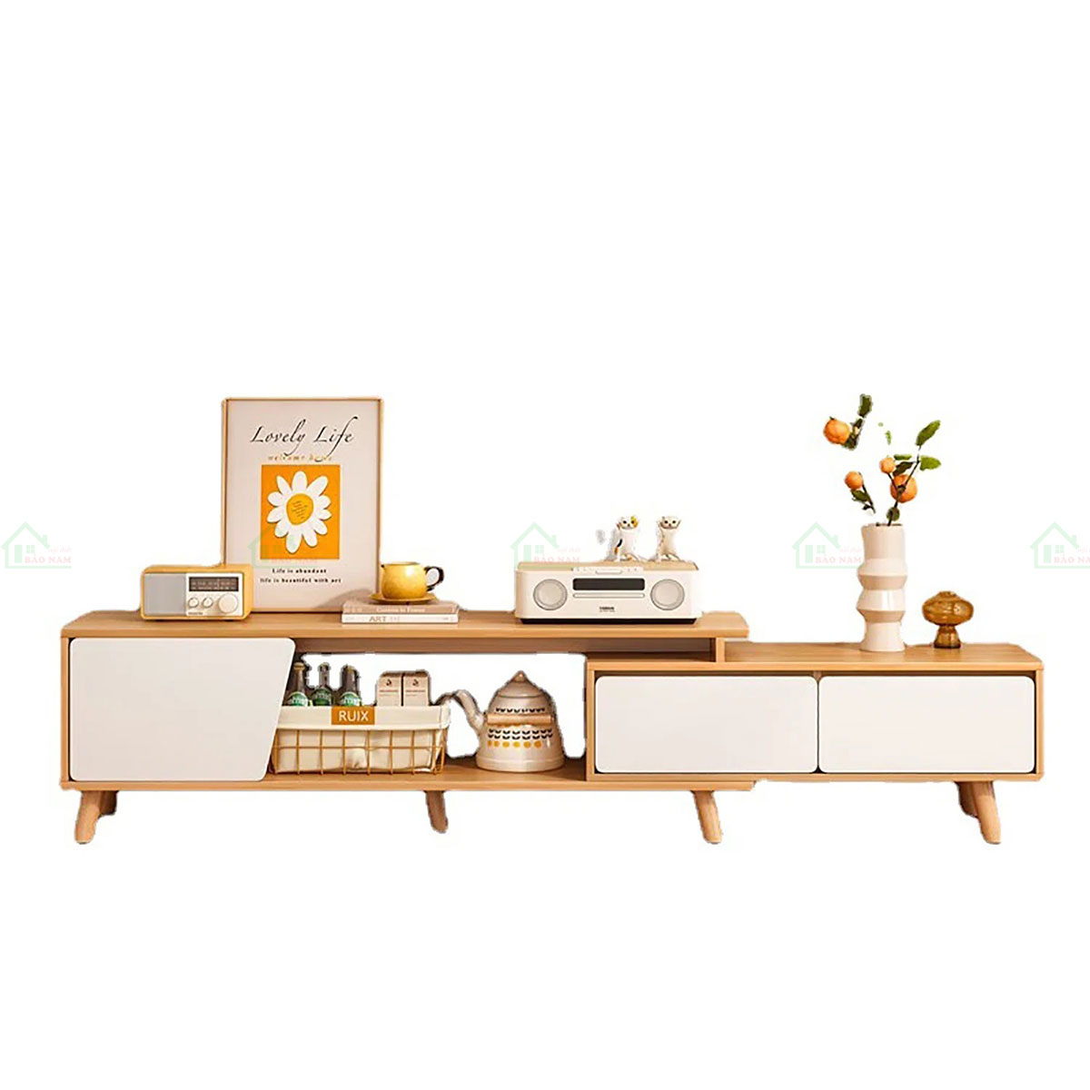 Chất liệu gỗ công nghiệp MDF phủ Melamine chống trầy cao cấp bền bỉ, dễ vệ sinh và lau dọn.
