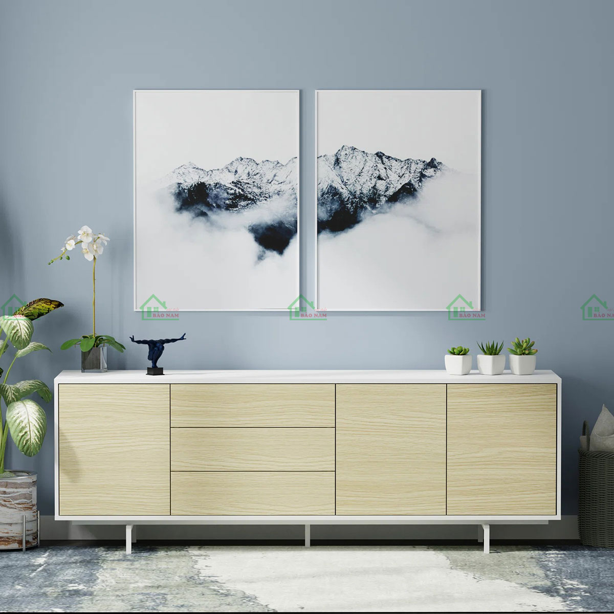 Thiết kế tối giản, hiện đại với chất liệu trắng tinh khôi và gỗ ấm áp.