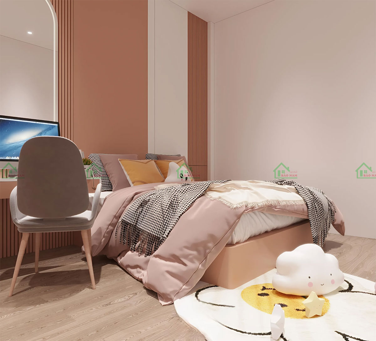 Thiết kế hiện đại và ấm cúng với tông cam đất, hồng pastel và gỗ ấm áp.