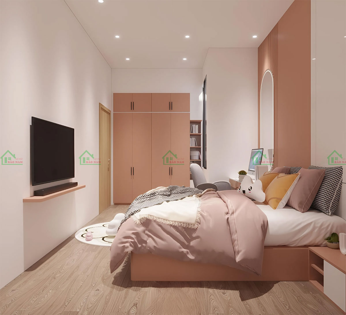 Không gian trang trí đơn giản nhưng ấn tượng, như gấu bông, thảm trải sàn họa tiết.