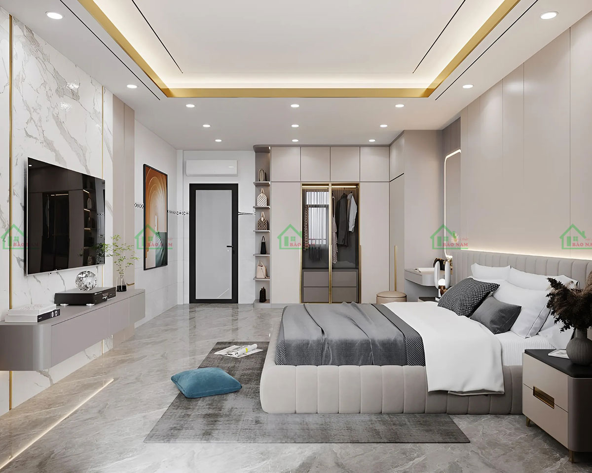 Mẫu phòng ngủ PN58 sử dụng tông màu beige nhạt nhẹ nhàng, sang trọng