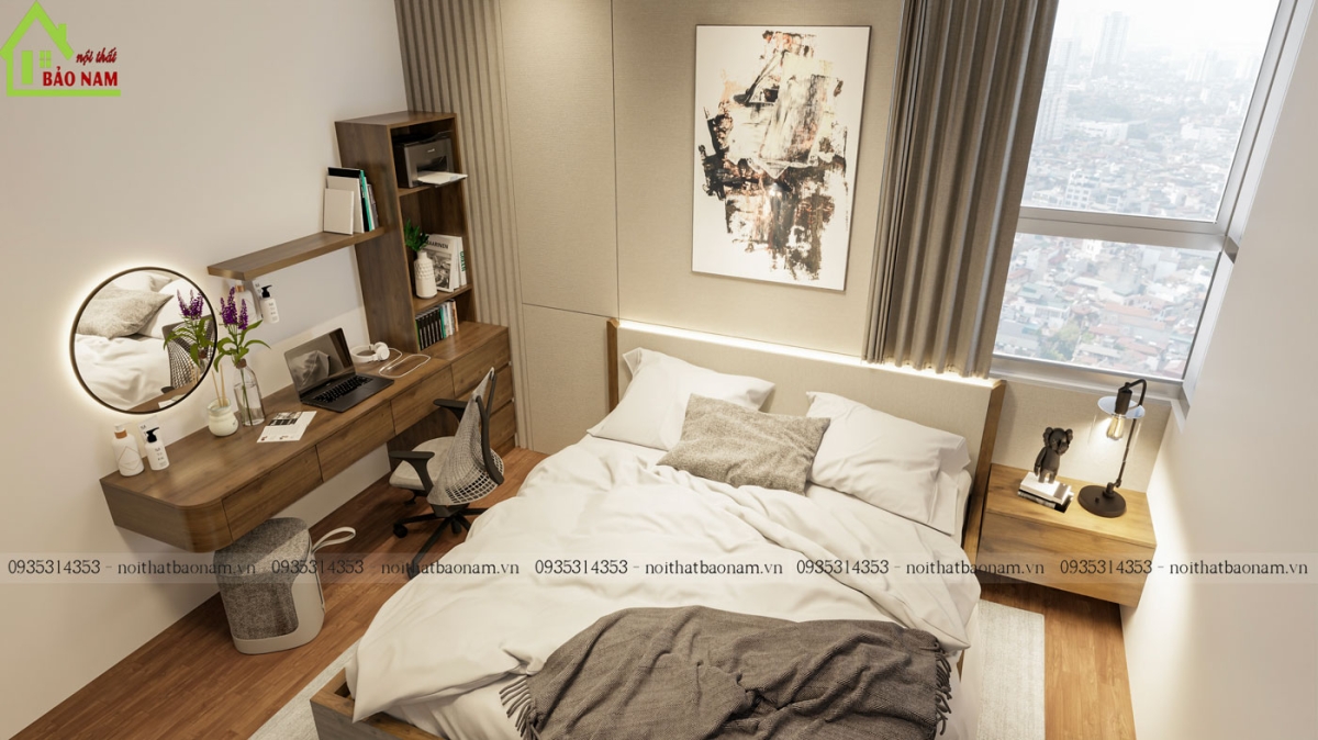 Thiết kế giường ngủ kiểu nhật hiện đại, độc đáo với phần đầu giường ốp vách liền kề bàn làm việc, tạo sự liền lạc trong không gian.