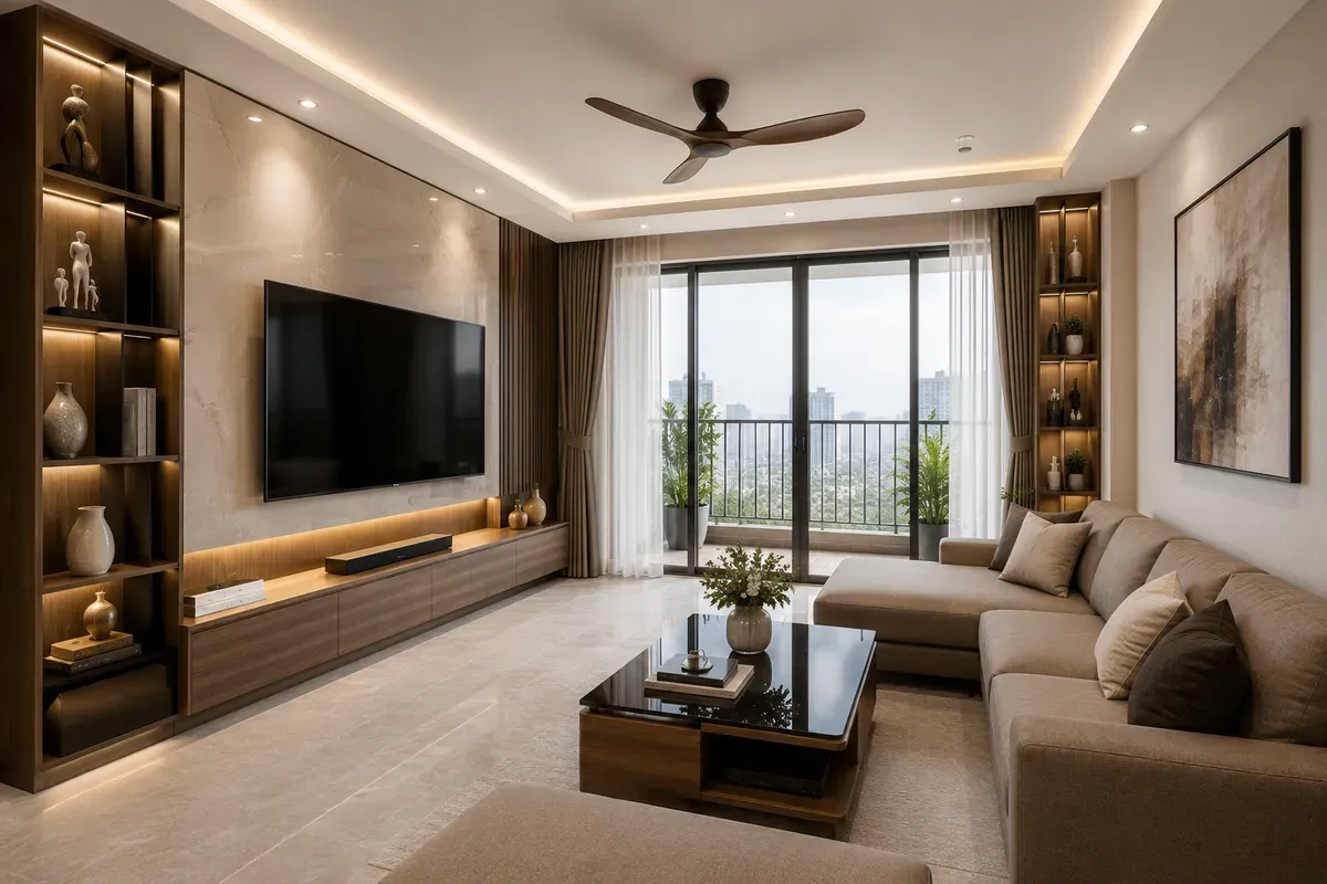 Mẫu phòng khách chung cư thực tế với thiết kế hiện đại và tối ưu công năng