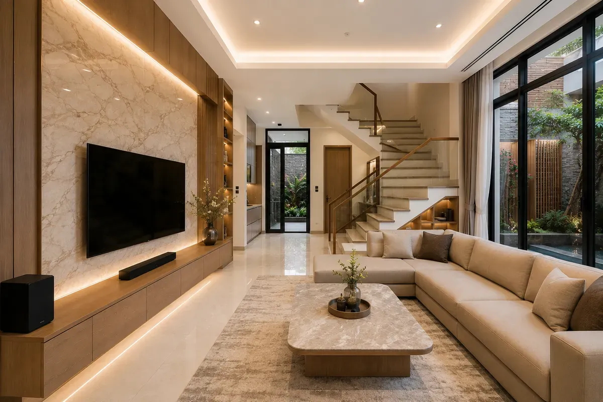 Phòng khách nhà phố được bố trí khoa học và tối ưu ánh sáng.