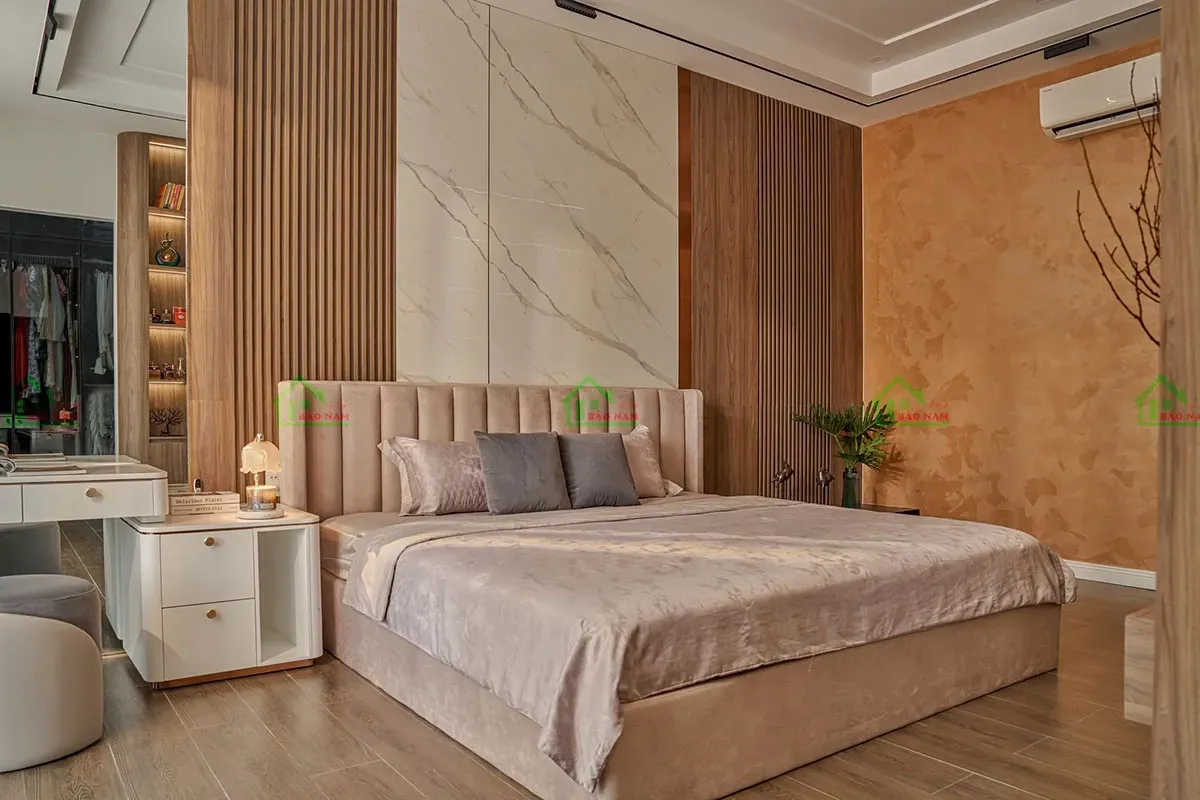 Phòng ngủ hiện đại sử dụng gam màu trung tính tạo cảm giác thư giãn.