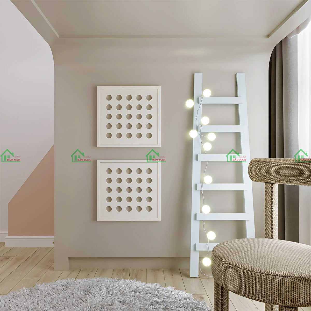 Kệ tủ kệ trang trí độc đáo bằng gỗ sơn màu trắng với những đường nét thẳng đứng, tạo điểm nhấn và tăng thêm chiều sâu cho phòng.