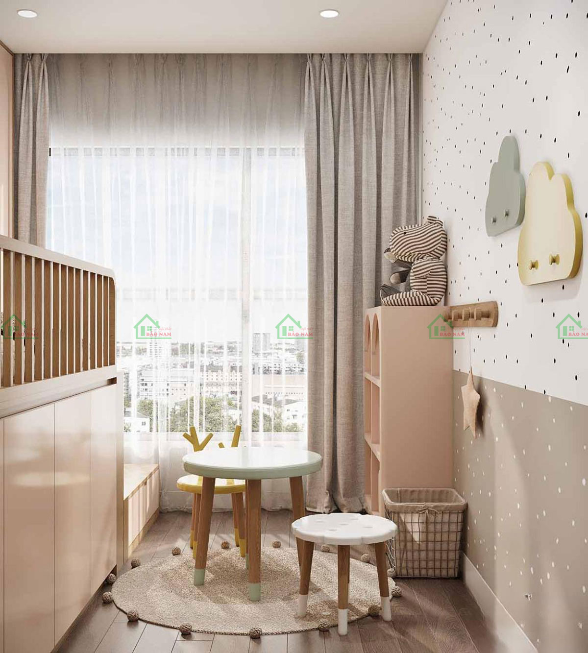 Những họa tiết chấm bi độc đáo trên tường, mang lại nét dễ thương và ngộ nghĩnh cho PB18