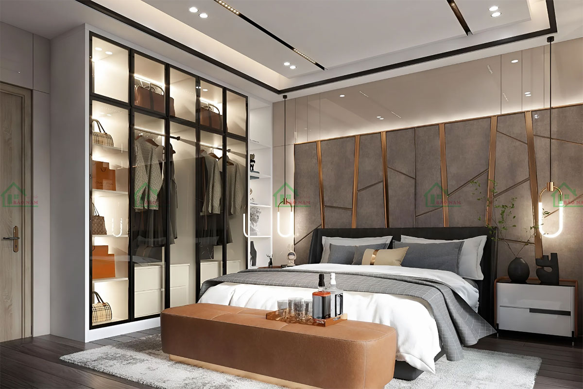 Vách đầu giường với họa tiết trang trí độc đáo, mang lại sự tinh tế và ấn tượng.