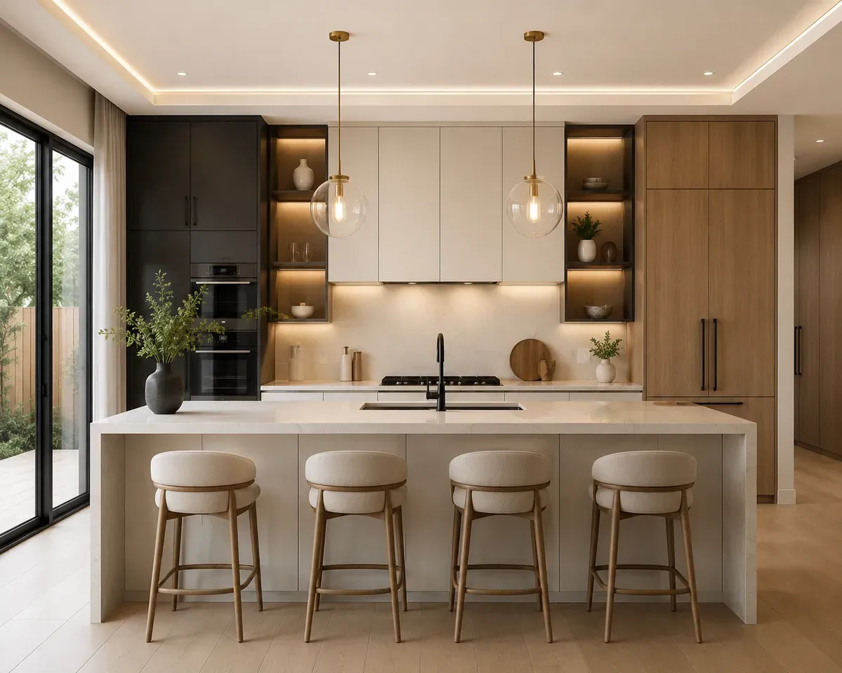 Xu hướng phối màu bếp hiện đại với tông trung tính và vân gỗ.