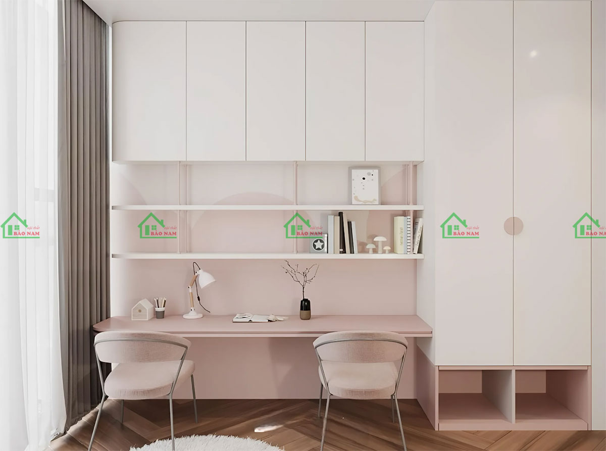 Góc học tập thiết kế bàn học và kệ sách gọn gàng, ngăn nắp cho phòng ngủ