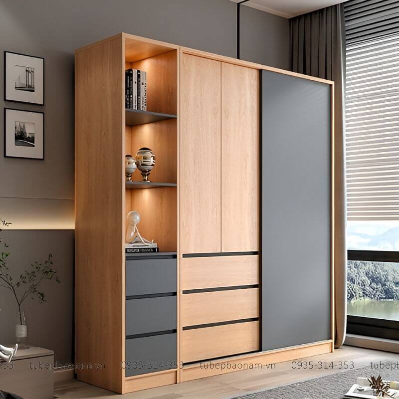 Mẫu tủ áo vân gỗ kết hợp giữa cánh mở và cánh lùa cao cấp