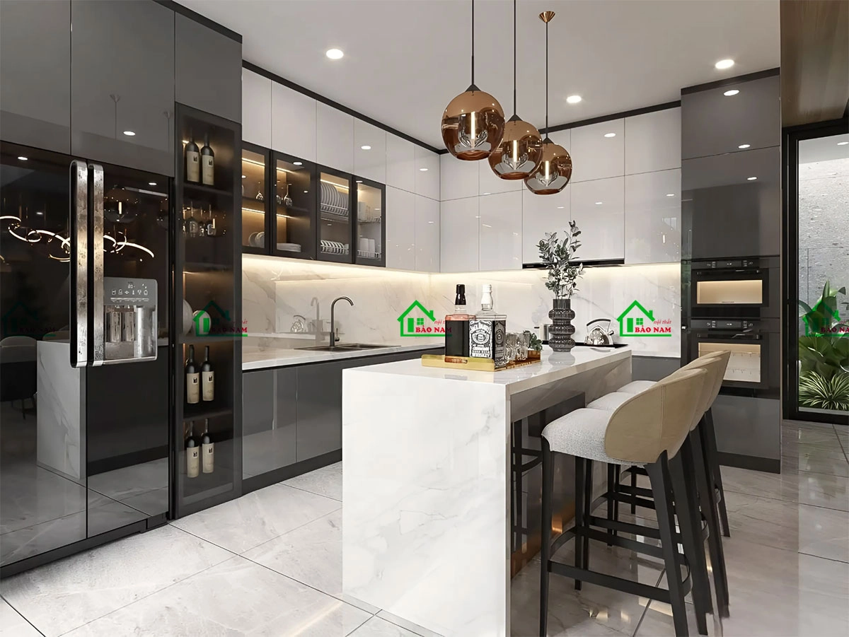 Mẫu tủ bếp nhựa Acrylic bóng gương sang trọng