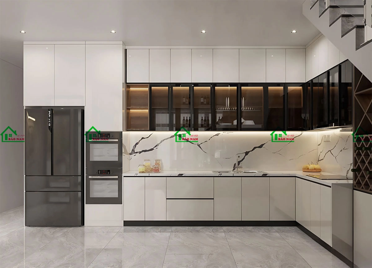 Mẫu tủ bếp acrylic kết hợp cánh kính sang trọng