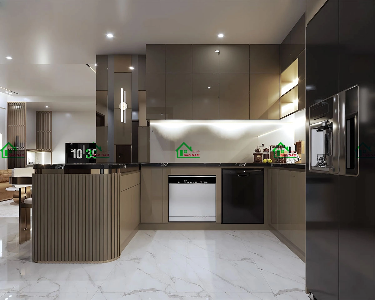 Mẫu tủ bếp Acrylic chữ nhỏ gọn cho chung cư hiện đại