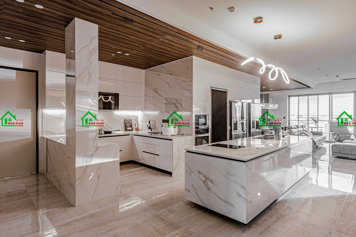 Mẫu tủ bếp đẹp sang trọng với Đá Marble