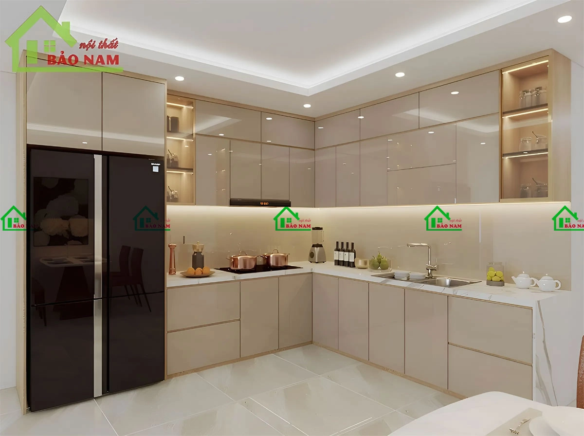 Mẫu tủ bếp chữ L màu kem sang trọng