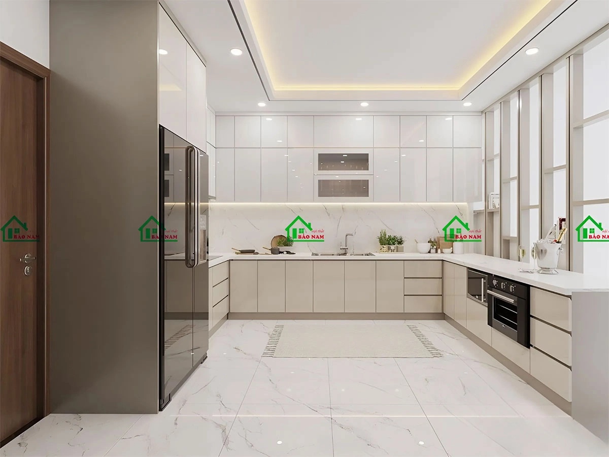 Mẫu tủ bếp acrylic bóng gương màu trắng phối be sang trọng