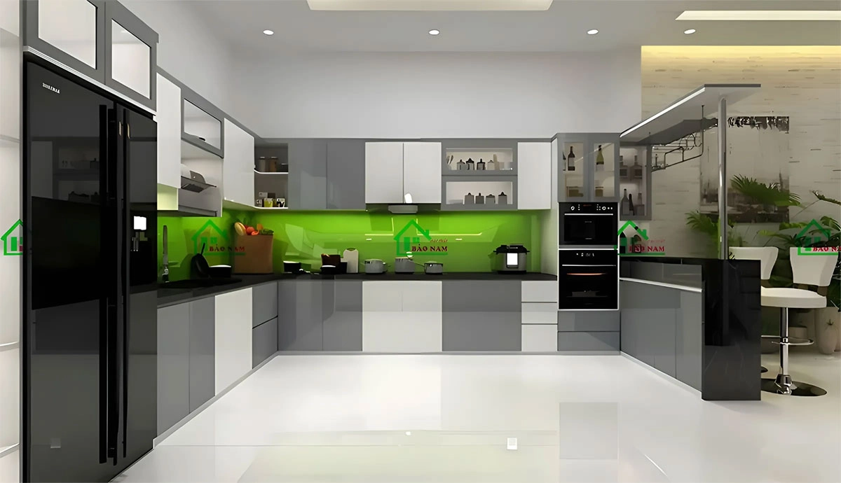 Mẫu tủ bếp acrylic bóng gương đẹp kết hợp quầy bar