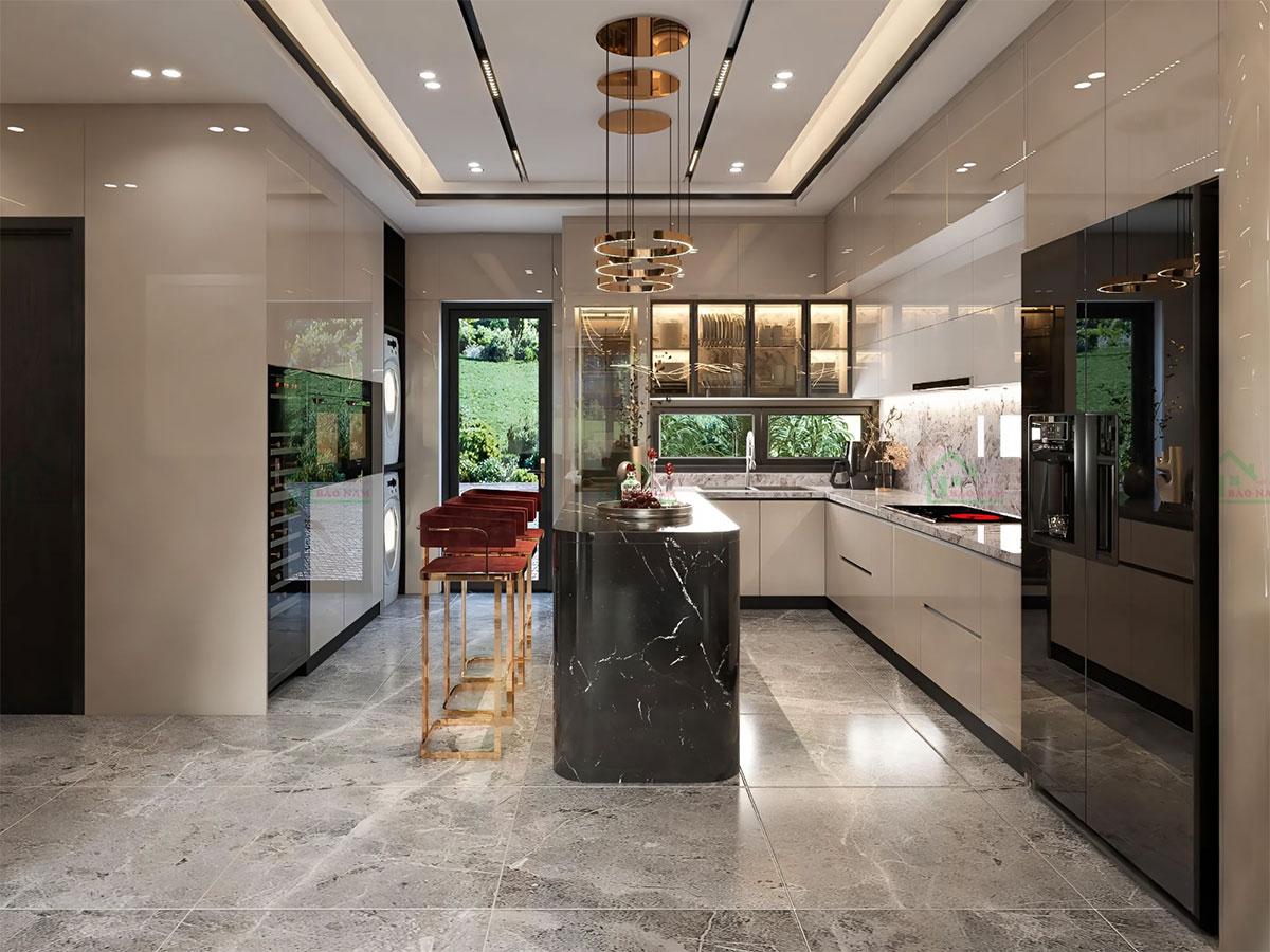 Tủ bếp TBA62 sử dụng acrylic có độ bóng cao với tông màu be trung tính, nhẹ nhàng, toát lên cảm giác sang trọng.