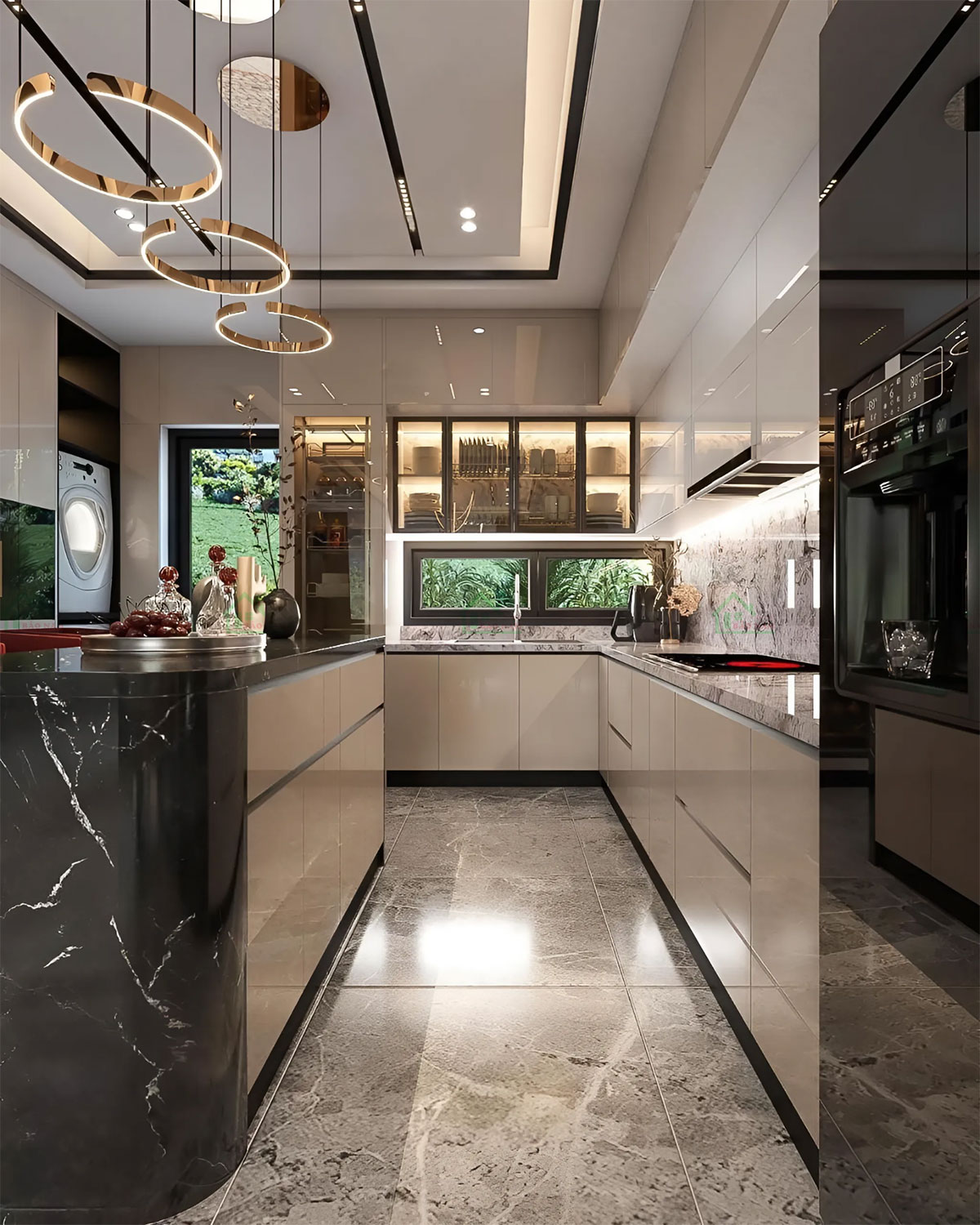 Chất liệu Acrylic bóng gương và đá tự nhiên cao cấp đảm bảo tính thẩm mỹ lâu dài, dễ dàng vệ sinh và bảo quản.